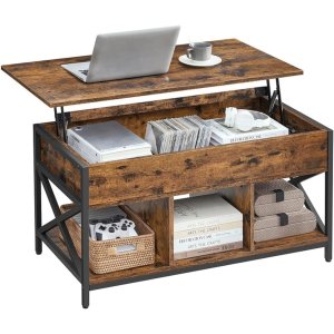 VASAGLE sofabord med l�fteplade, sofabord med opbevaringshylde, skjulte rum og l�fteplade, til stue, kontor, 19,7 x 39,4 x (19,3-24,4) tommer, rustik brun og sort ULCT202B01