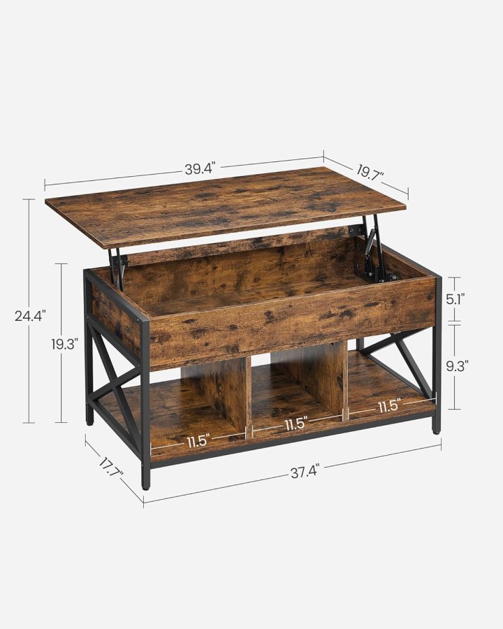 VASAGLE sofabord med l�fteplade, sofabord med opbevaringshylde, skjulte rum og l�fteplade, til stue, kontor, 19,7 x 39,4 x (19,3-24,4) tommer, rustik brun og sort ULCT202B01