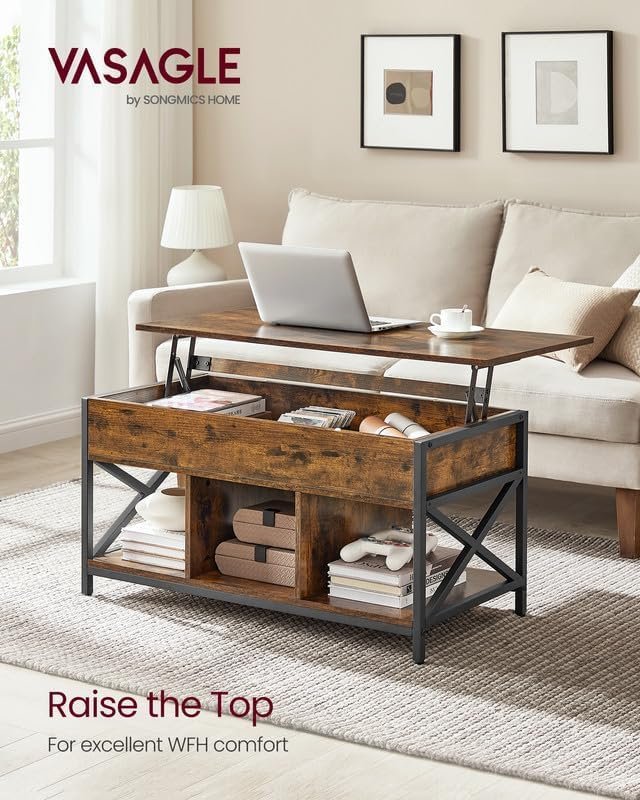 VASAGLE sofabord med l�fteplade, sofabord med opbevaringshylde, skjulte rum og l�fteplade, til stue, kontor, 19,7 x 39,4 x (19,3-24,4) tommer, rustik brun og sort ULCT202B01