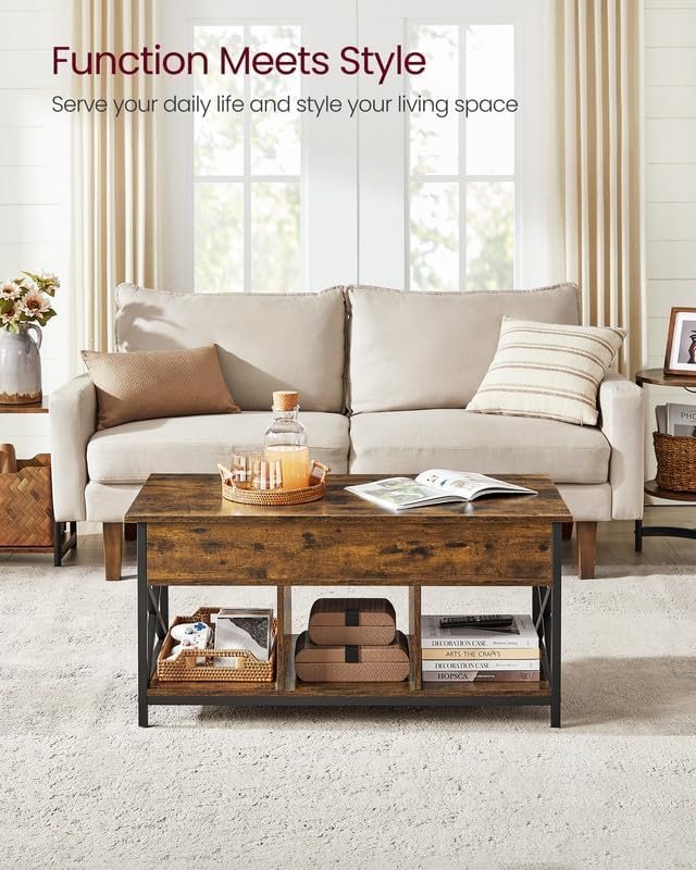 VASAGLE sofabord med l�fteplade, sofabord med opbevaringshylde, skjulte rum og l�fteplade, til stue, kontor, 19,7 x 39,4 x (19,3-24,4) tommer, rustik brun og sort ULCT202B01