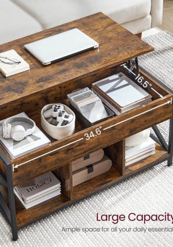 VASAGLE sofabord med l�fteplade, sofabord med opbevaringshylde, skjulte rum og l�fteplade, til stue, kontor, 19,7 x 39,4 x (19,3-24,4) tommer, rustik brun og sort ULCT202B01