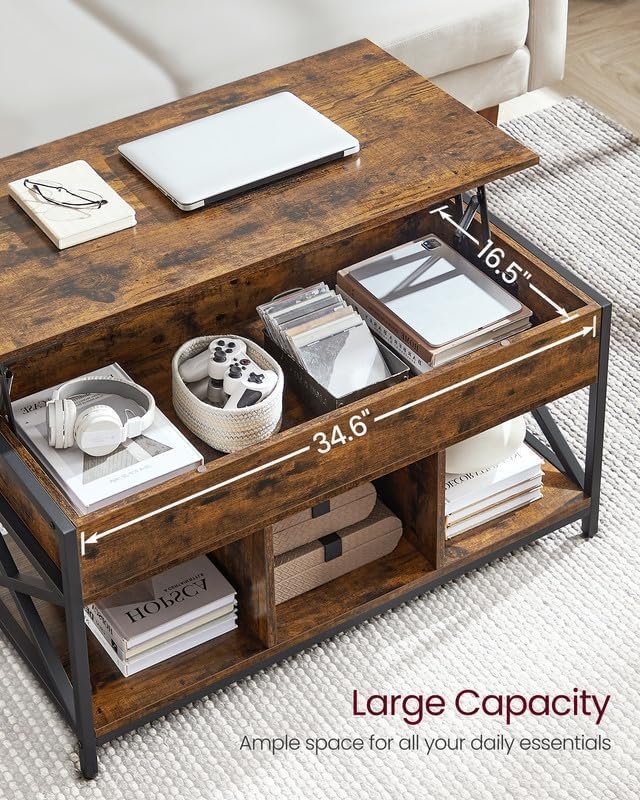 VASAGLE sofabord med l�fteplade, sofabord med opbevaringshylde, skjulte rum og l�fteplade, til stue, kontor, 19,7 x 39,4 x (19,3-24,4) tommer, rustik brun og sort ULCT202B01