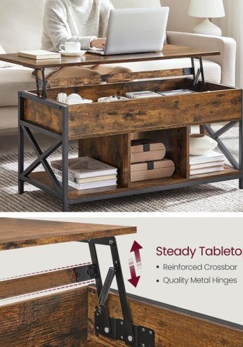 VASAGLE sofabord med l�fteplade, sofabord med opbevaringshylde, skjulte rum og l�fteplade, til stue, kontor, 19,7 x 39,4 x (19,3-24,4) tommer, rustik brun og sort ULCT202B01