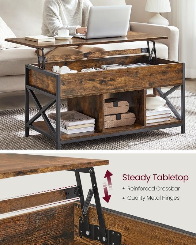 VASAGLE sofabord med l�fteplade, sofabord med opbevaringshylde, skjulte rum og l�fteplade, til stue, kontor, 19,7 x 39,4 x (19,3-24,4) tommer, rustik brun og sort ULCT202B01