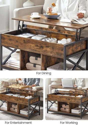 VASAGLE sofabord med l�fteplade, sofabord med opbevaringshylde, skjulte rum og l�fteplade, til stue, kontor, 19,7 x 39,4 x (19,3-24,4) tommer, rustik brun og sort ULCT202B01