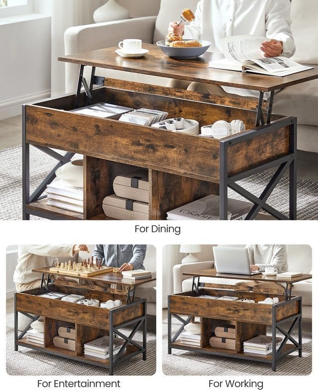 VASAGLE sofabord med l�fteplade, sofabord med opbevaringshylde, skjulte rum og l�fteplade, til stue, kontor, 19,7 x 39,4 x (19,3-24,4) tommer, rustik brun og sort ULCT202B01