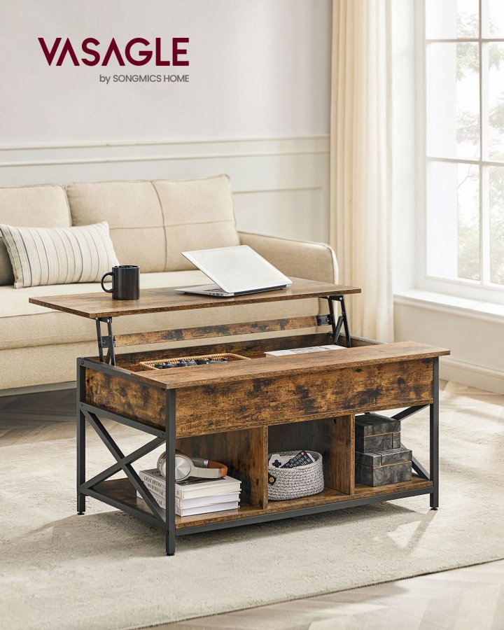 VASAGLE sofabord, l�ftebord Sofabord til stuen, sofabord med �ben og skjult opbevaring, X-formede st�nger, 60 x 100 x (48-62) cm, rustik brun og sort LCT205B01