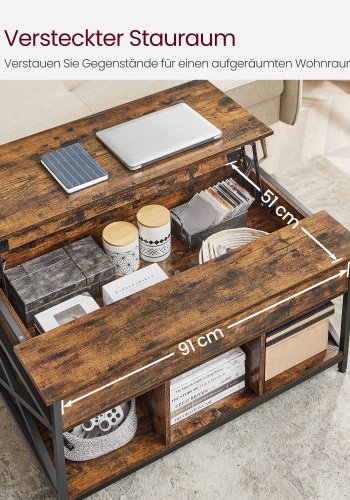 VASAGLE sofabord, l�ftebord Sofabord til stuen, sofabord med �ben og skjult opbevaring, X-formede st�nger, 60 x 100 x (48-62) cm, rustik brun og sort LCT205B01