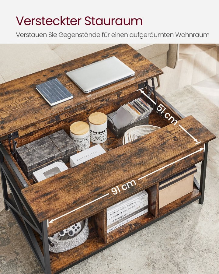 VASAGLE sofabord, l�ftebord Sofabord til stuen, sofabord med �ben og skjult opbevaring, X-formede st�nger, 60 x 100 x (48-62) cm, rustik brun og sort LCT205B01