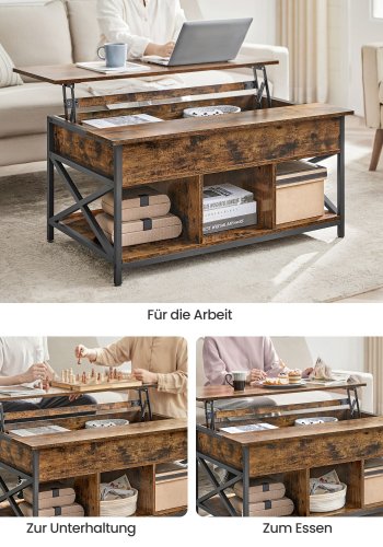 VASAGLE sofabord, l�ftebord Sofabord til stuen, sofabord med �ben og skjult opbevaring, X-formede st�nger, 60 x 100 x (48-62) cm, rustik brun og sort LCT205B01