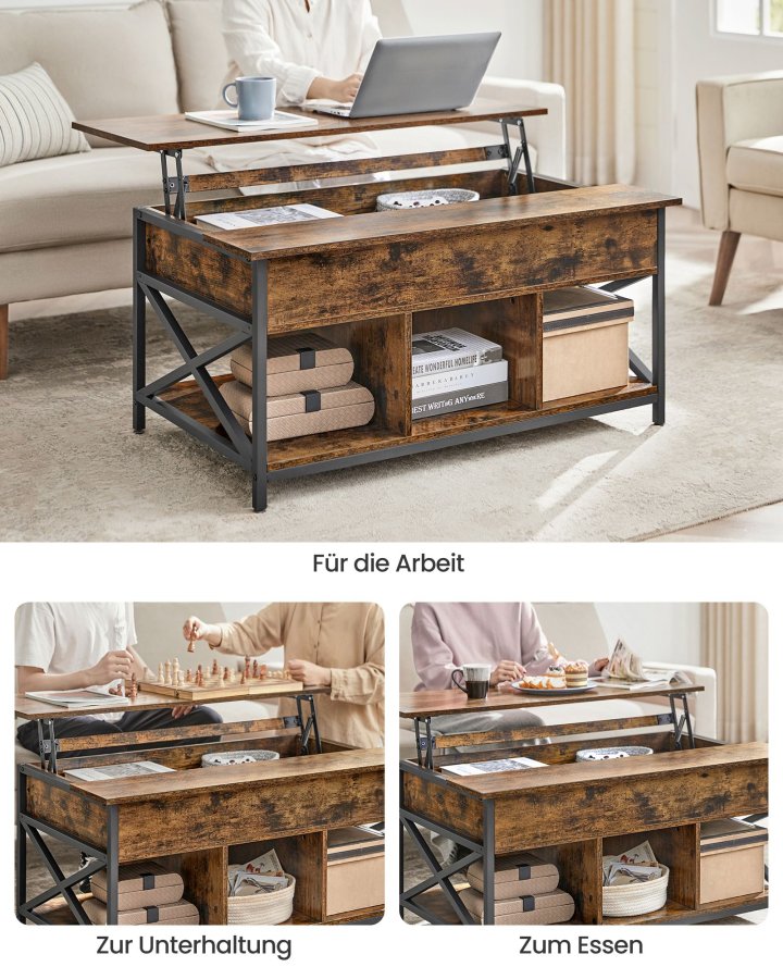 VASAGLE sofabord, l�ftebord Sofabord til stuen, sofabord med �ben og skjult opbevaring, X-formede st�nger, 60 x 100 x (48-62) cm, rustik brun og sort LCT205B01