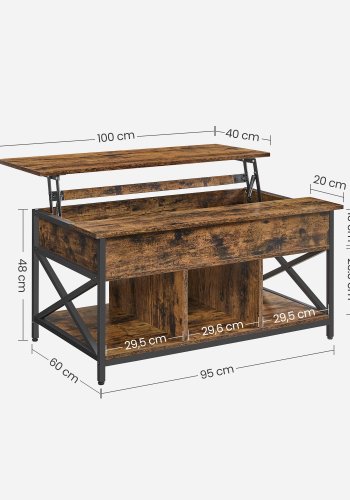 VASAGLE sofabord, l�ftebord Sofabord til stuen, sofabord med �ben og skjult opbevaring, X-formede st�nger, 60 x 100 x (48-62) cm, rustik brun og sort LCT205B01