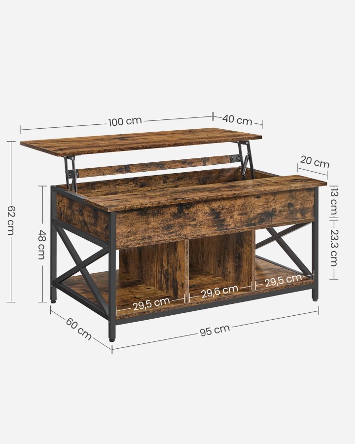 VASAGLE sofabord, l�ftebord Sofabord til stuen, sofabord med �ben og skjult opbevaring, X-formede st�nger, 60 x 100 x (48-62) cm, rustik brun og sort LCT205B01