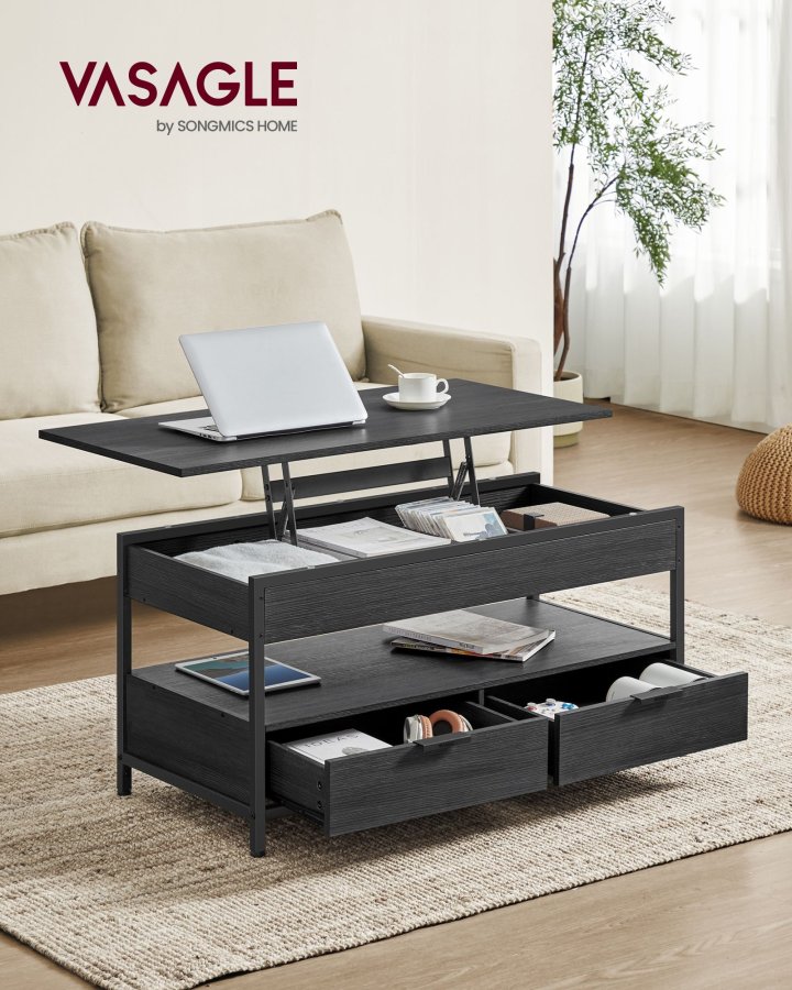 VASAGLE sofabord med l�ftefunktion, stuebord, med opbevaringsskuffer, skjulte rum og �ben hylde, antracitgr� og bl�ksort LCT209B22