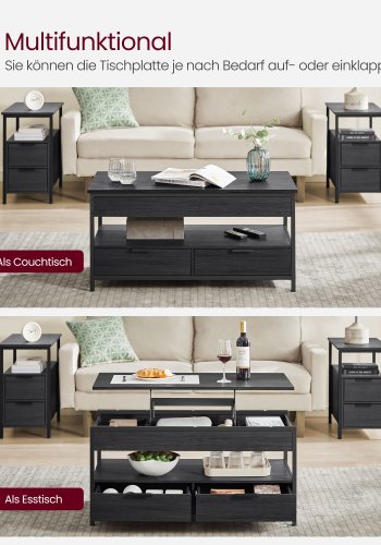 VASAGLE sofabord med l�ftefunktion, stuebord, med opbevaringsskuffer, skjulte rum og �ben hylde, antracitgr� og bl�ksort LCT209B22