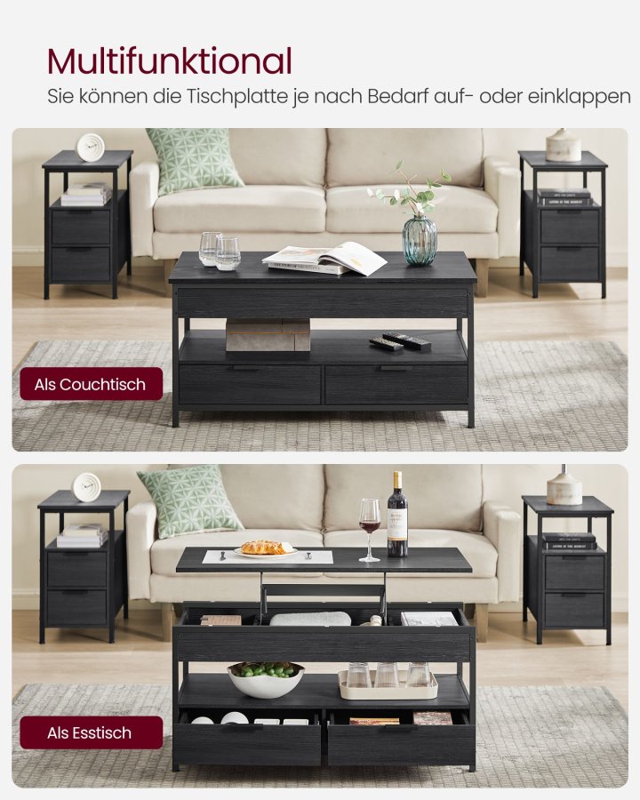 VASAGLE sofabord med l�ftefunktion, stuebord, med opbevaringsskuffer, skjulte rum og �ben hylde, antracitgr� og bl�ksort LCT209B22