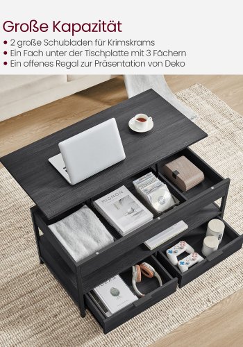 VASAGLE sofabord med l�ftefunktion, stuebord, med opbevaringsskuffer, skjulte rum og �ben hylde, antracitgr� og bl�ksort LCT209B22