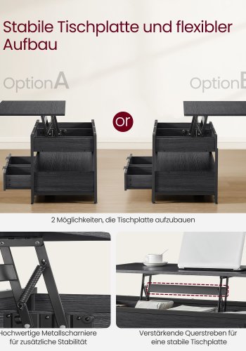 VASAGLE sofabord med l�ftefunktion, stuebord, med opbevaringsskuffer, skjulte rum og �ben hylde, antracitgr� og bl�ksort LCT209B22