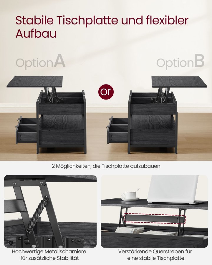 VASAGLE sofabord med l�ftefunktion, stuebord, med opbevaringsskuffer, skjulte rum og �ben hylde, antracitgr� og bl�ksort LCT209B22