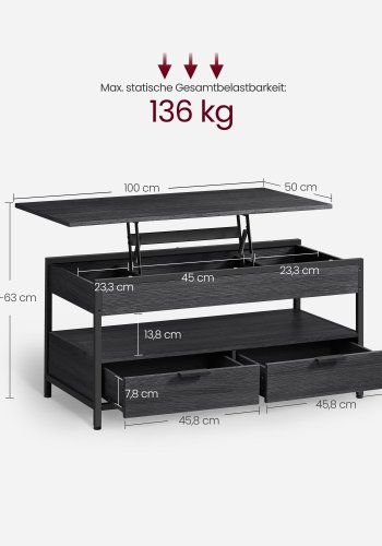 VASAGLE sofabord med l�ftefunktion, stuebord, med opbevaringsskuffer, skjulte rum og �ben hylde, antracitgr� og bl�ksort LCT209B22