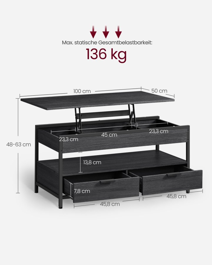 VASAGLE sofabord med l�ftefunktion, stuebord, med opbevaringsskuffer, skjulte rum og �ben hylde, antracitgr� og bl�ksort LCT209B22