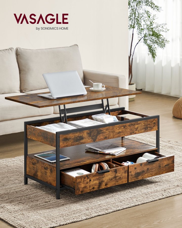 VASAGLE sofabord med l�ftefunktion, stuebord, med opbevaringsskuffer, skjulte rum og �ben hylde, rustik brun og bl�ksort LCT209K01