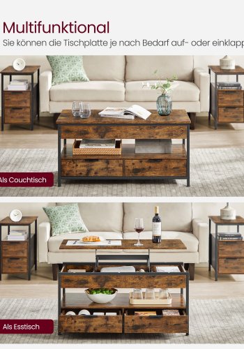 VASAGLE sofabord med l�ftefunktion, stuebord, med opbevaringsskuffer, skjulte rum og �ben hylde, rustik brun og bl�ksort LCT209K01