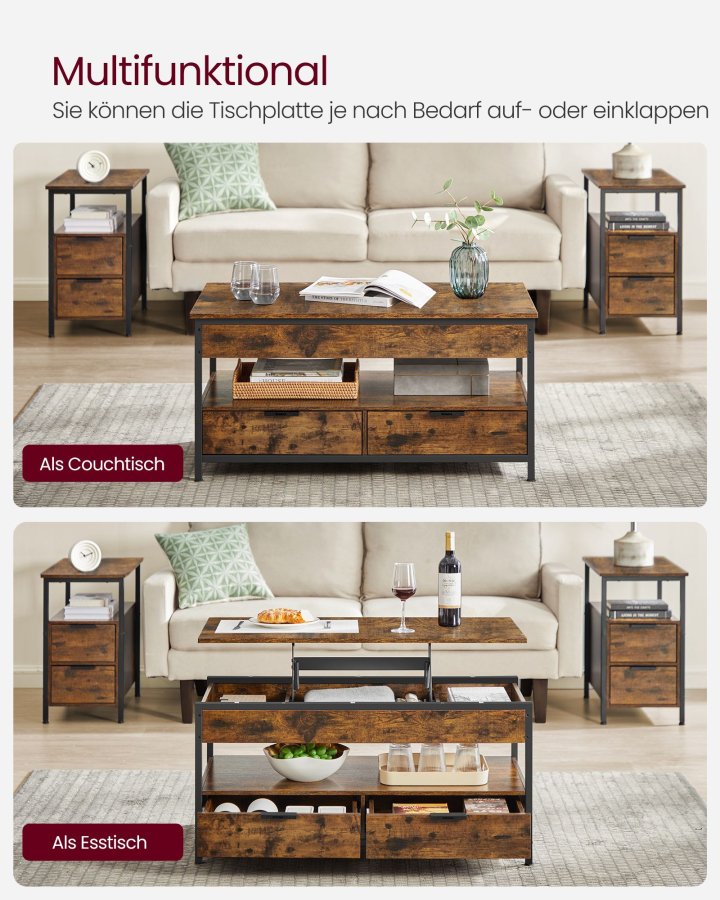 VASAGLE sofabord med l�ftefunktion, stuebord, med opbevaringsskuffer, skjulte rum og �ben hylde, rustik brun og bl�ksort LCT209K01