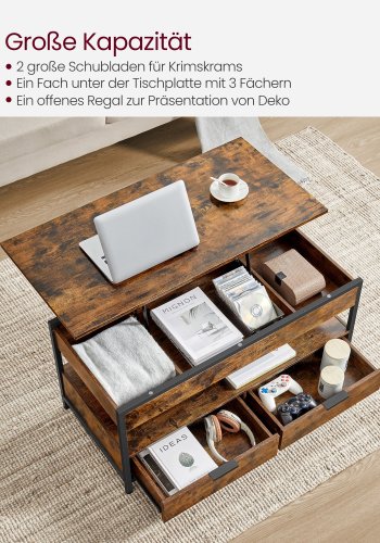 VASAGLE sofabord med l�ftefunktion, stuebord, med opbevaringsskuffer, skjulte rum og �ben hylde, rustik brun og bl�ksort LCT209K01
