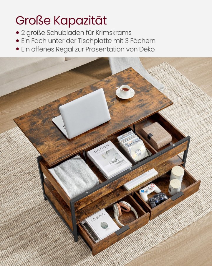 VASAGLE sofabord med l�ftefunktion, stuebord, med opbevaringsskuffer, skjulte rum og �ben hylde, rustik brun og bl�ksort LCT209K01