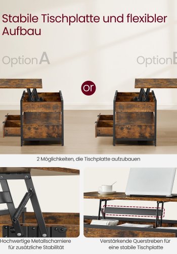 VASAGLE sofabord med l�ftefunktion, stuebord, med opbevaringsskuffer, skjulte rum og �ben hylde, rustik brun og bl�ksort LCT209K01
