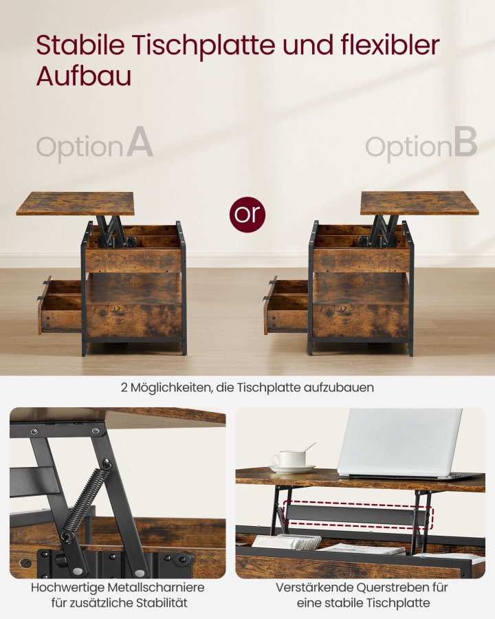 VASAGLE sofabord med l�ftefunktion, stuebord, med opbevaringsskuffer, skjulte rum og �ben hylde, rustik brun og bl�ksort LCT209K01