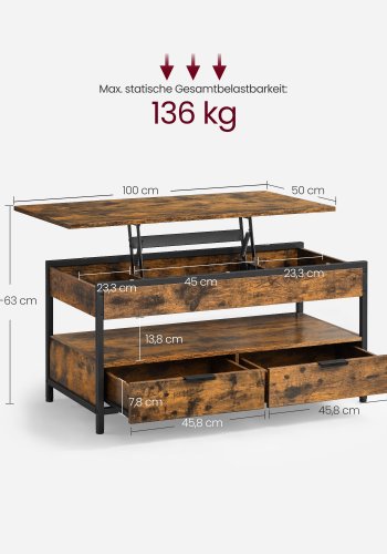 VASAGLE sofabord med l�ftefunktion, stuebord, med opbevaringsskuffer, skjulte rum og �ben hylde, rustik brun og bl�ksort LCT209K01