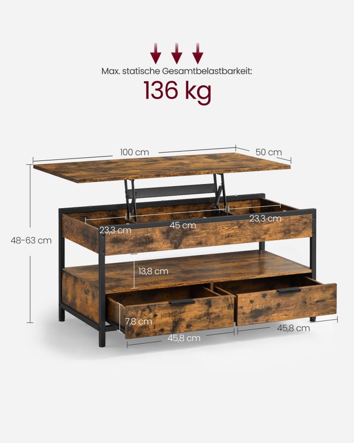 VASAGLE sofabord med l�ftefunktion, stuebord, med opbevaringsskuffer, skjulte rum og �ben hylde, rustik brun og bl�ksort LCT209K01
