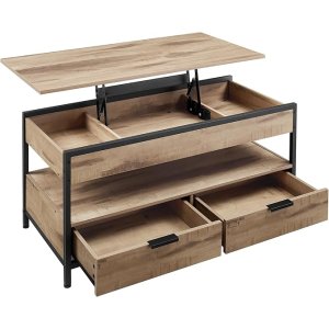 VASAGLE sofabord med l�fteplade, stuebord, opbevaringsskuffer, skjulte rum og �ben hylde, kamelbrun og bl�ksort LCT209K02
