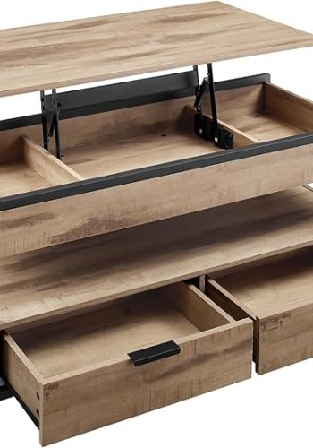 VASAGLE sofabord med l�fteplade, stuebord, opbevaringsskuffer, skjulte rum og �ben hylde, kamelbrun og bl�ksort LCT209K02
