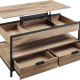 VASAGLE sofabord med l�fteplade, stuebord, opbevaringsskuffer, skjulte rum og �ben hylde, kamelbrun og bl�ksort LCT209K02