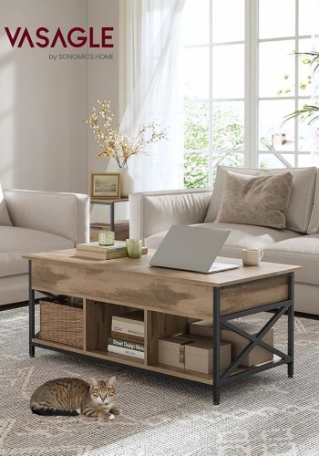 VASAGLE sofabord med l�fteplade, stuebord, opbevaringsskuffer, skjulte rum og �ben hylde, kamelbrun og bl�ksort LCT209K02