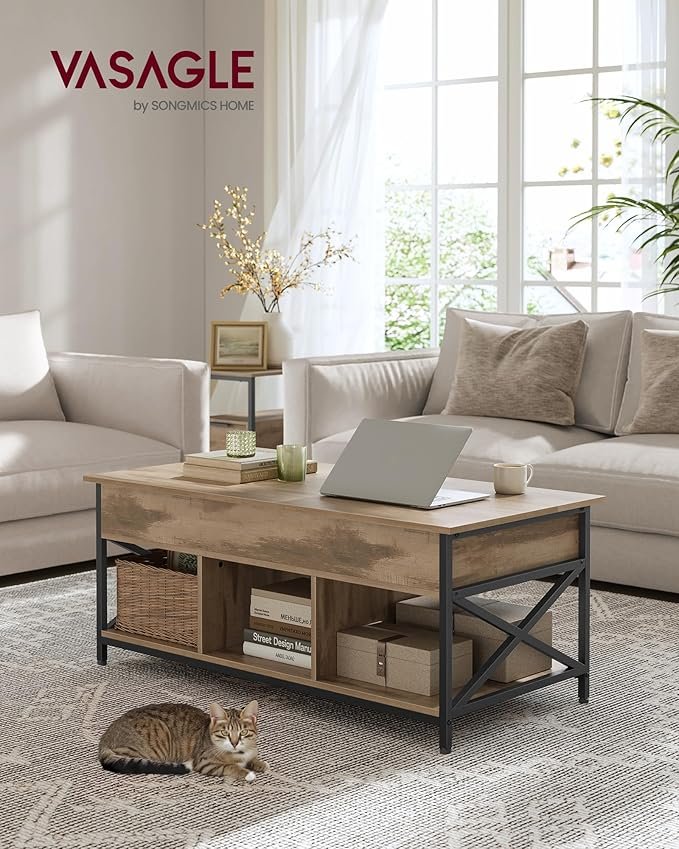 VASAGLE sofabord med l�fteplade, stuebord, opbevaringsskuffer, skjulte rum og �ben hylde, kamelbrun og bl�ksort LCT209K02