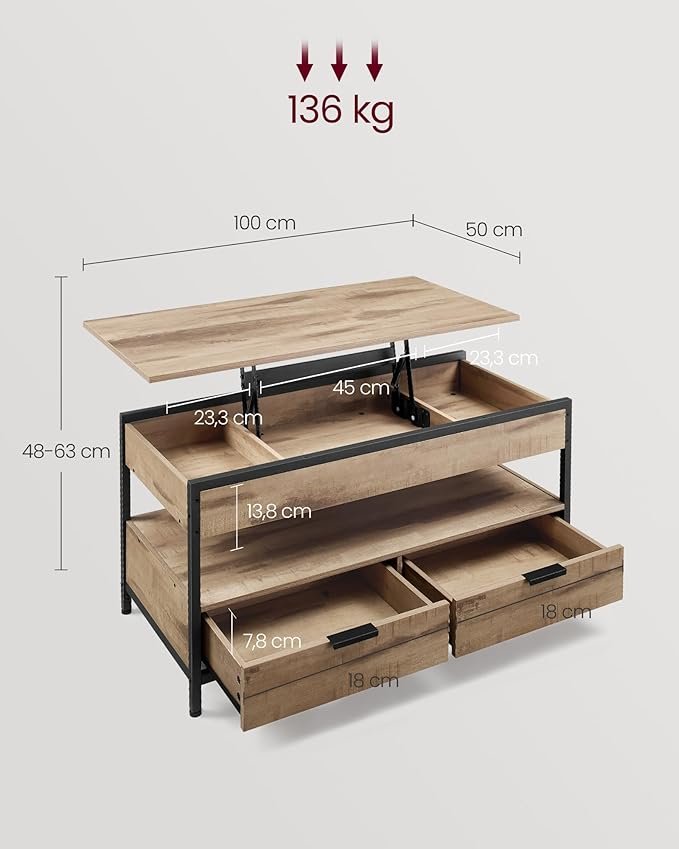 VASAGLE sofabord med l�fteplade, stuebord, opbevaringsskuffer, skjulte rum og �ben hylde, kamelbrun og bl�ksort LCT209K02