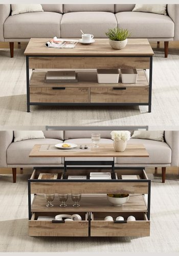 VASAGLE sofabord med l�fteplade, stuebord, opbevaringsskuffer, skjulte rum og �ben hylde, kamelbrun og bl�ksort LCT209K02