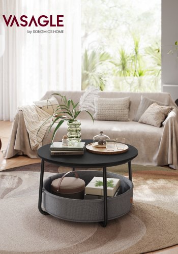 VASAGLE Couchtisch mit Stauraum, runder Beistelltisch f�r das Wohnzimmer mit Stoffkorb, moderner Stil, Metallgestell, Tintenschwarz und Schiefergrau LCT244B56