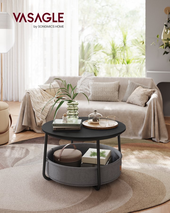 VASAGLE sofabord med opbevaring, rundt centerbord til stue med stofkurv, moderne stil, metalstel, bl�ksort og skifergr� LCT244B56