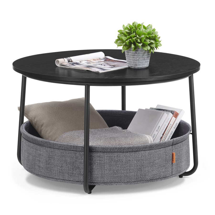 VASAGLE sofabord med opbevaring, rundt centerbord til stue med stofkurv, moderne stil, metalstel, bl�ksort og skifergr� LCT244B56