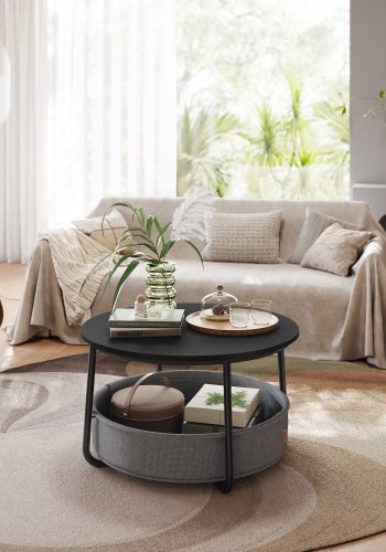 VASAGLE sofabord med opbevaring, rundt centerbord til stue med stofkurv, moderne stil, metalstel, bl�ksort og skifergr� LCT244B56