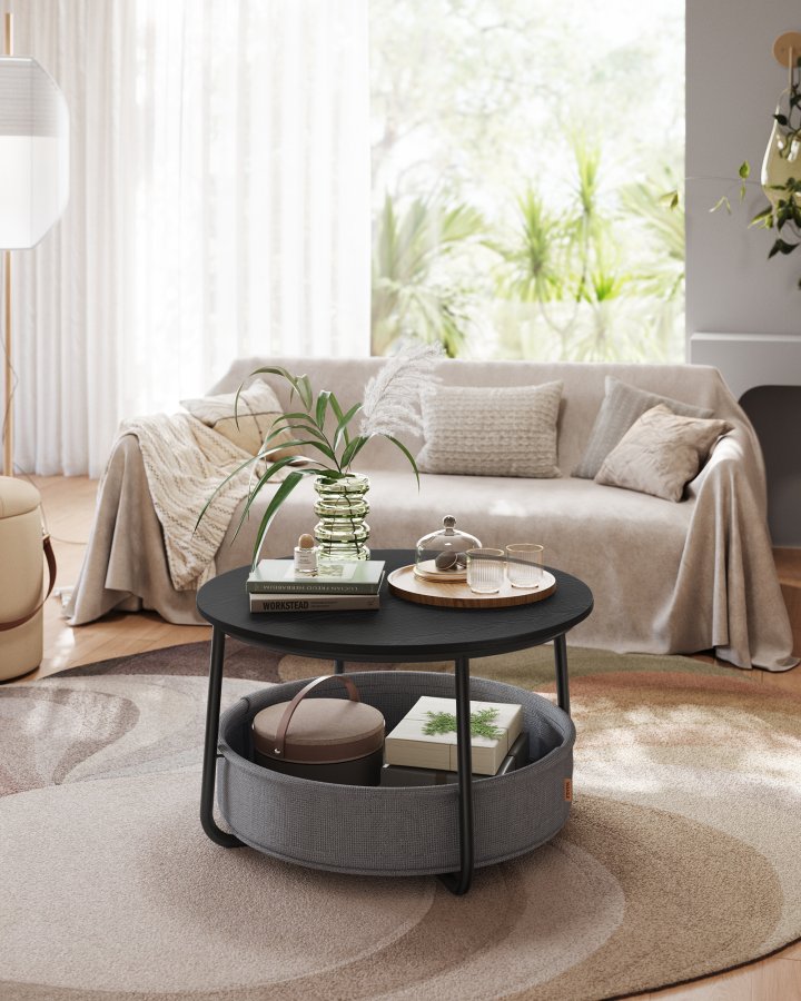 VASAGLE sofabord med opbevaring, rundt centerbord til stue med stofkurv, moderne stil, metalstel, bl�ksort og skifergr� LCT244B56