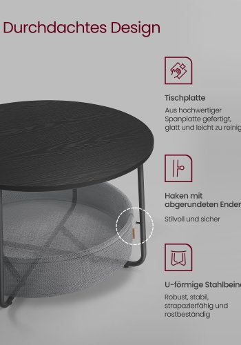 VASAGLE sofabord med opbevaring, rundt centerbord til stue med stofkurv, moderne stil, metalstel, bl�ksort og skifergr� LCT244B56