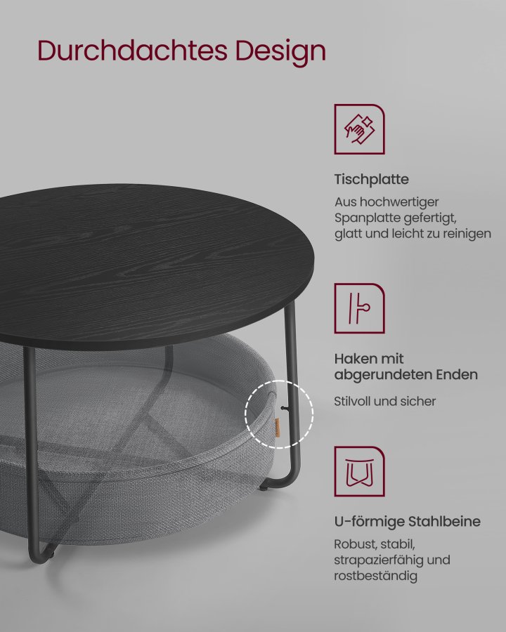 VASAGLE sofabord med opbevaring, rundt centerbord til stue med stofkurv, moderne stil, metalstel, bl�ksort og skifergr� LCT244B56