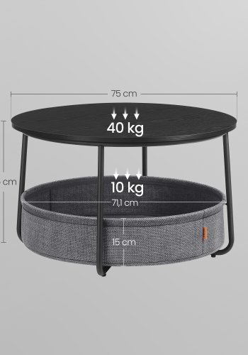 VASAGLE sofabord med opbevaring, rundt centerbord til stue med stofkurv, moderne stil, metalstel, bl�ksort og skifergr� LCT244B56