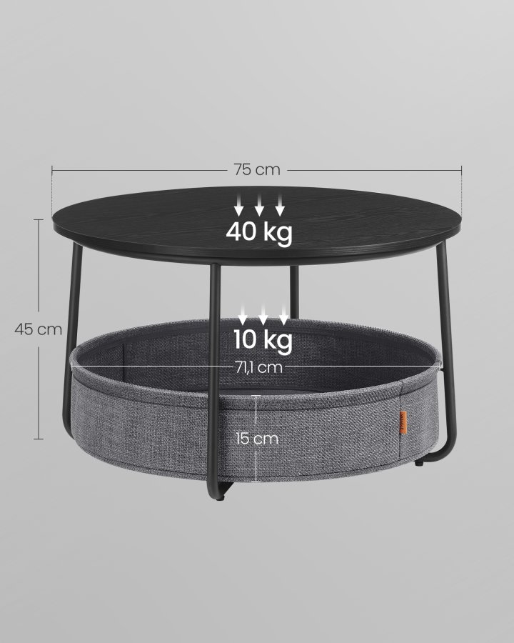 VASAGLE sofabord med opbevaring, rundt centerbord til stue med stofkurv, moderne stil, metalstel, bl�ksort og skifergr� LCT244B56